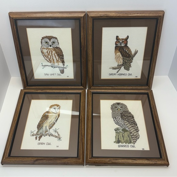 Handmade Other - Four VTG 1970s MCM Cottagecore Embroidered Needlepoint Framed Owl 12x9”